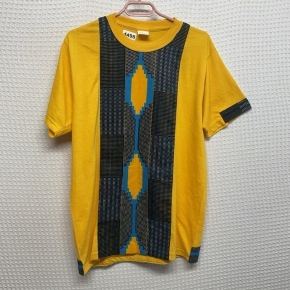 VTG Woky 220 G/M2 Yellow/Navy Geometric Tribal Short Sleeve T-Shirt Men L Cotton